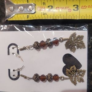 ** 3/$5 ** Earrings, pierced dangle amber/leaves